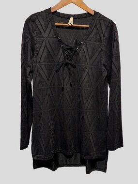 ROPER Black Lace Up Sheer Geometric Mesh Tunic Boho Western Goth Top